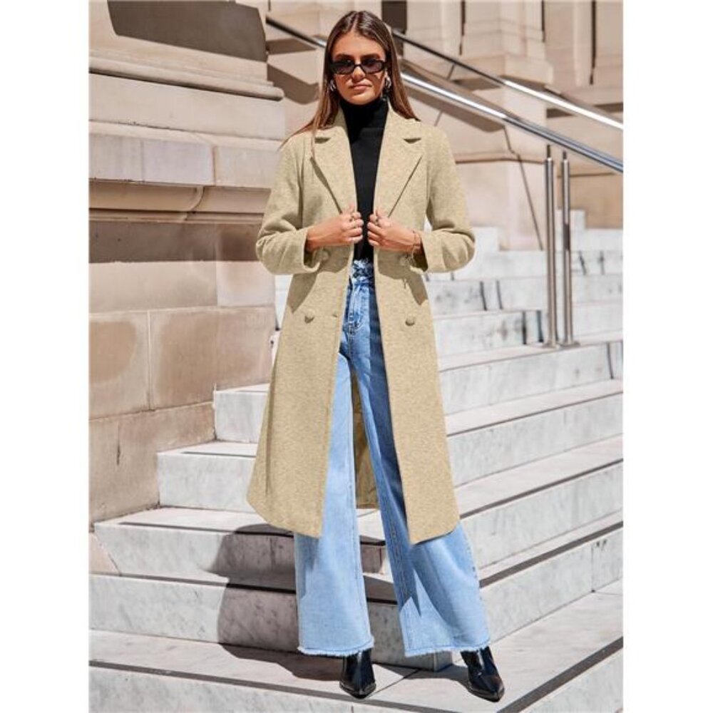 Women's Winter Lapel Collar Pea Coat Double Breasted Long Overcoat Trench Coat - Picture 3 of 7